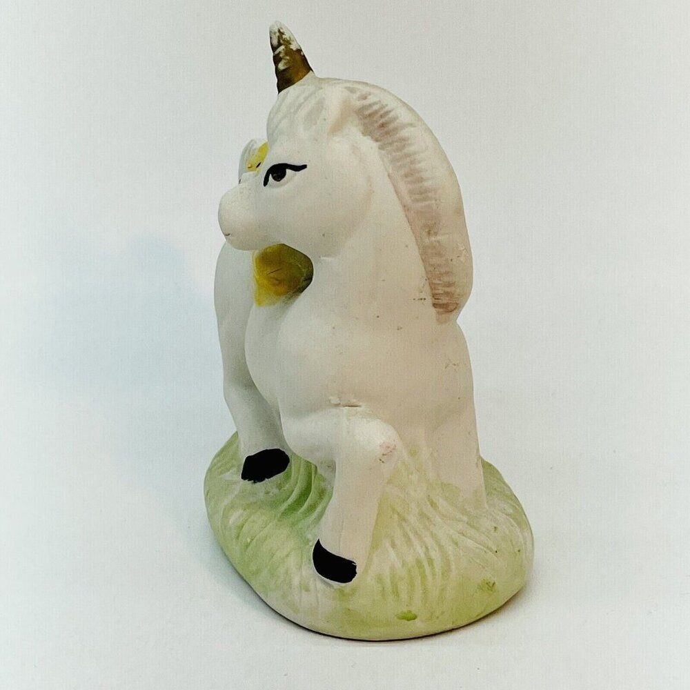 Whimsical Vintage Porcelain Figurine Yellow Teddy Bear Riding White Unicorn - Picture 6 of 9